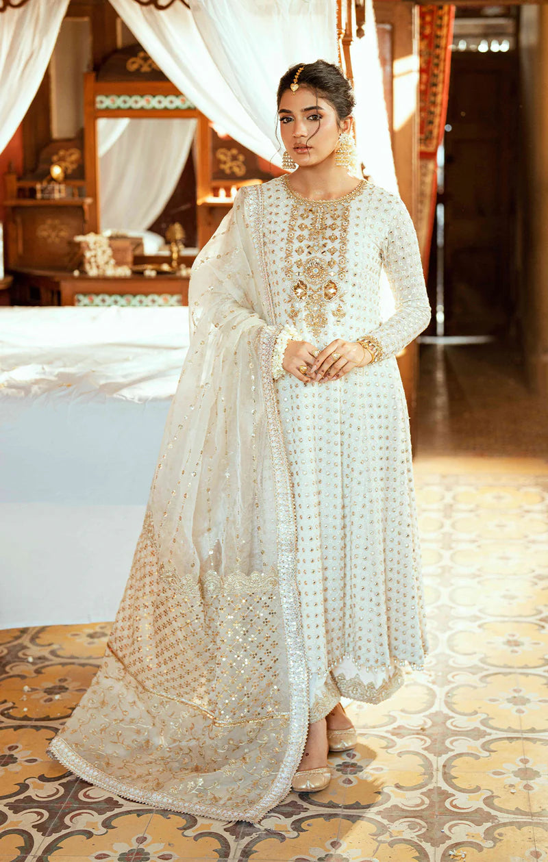 PAREESA ivory Pakistani outfit with chiffon shirt, dabka and mirror work, embellished silk culottes, and organza dupatta – formal wear by Pakistanimoda.com