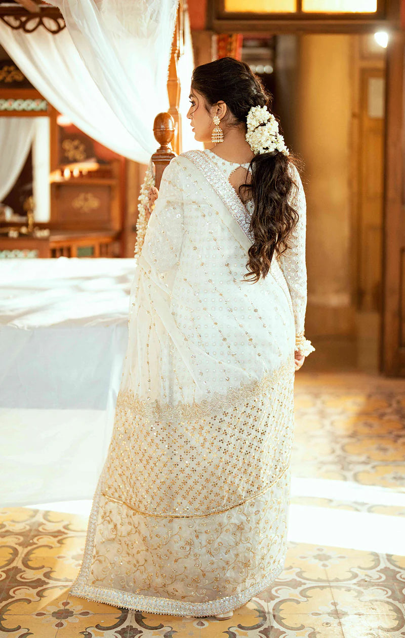 PAREESA ivory Pakistani outfit with chiffon shirt, dabka and mirror work, embellished silk culottes, and organza dupatta – formal wear by Pakistanimoda.com