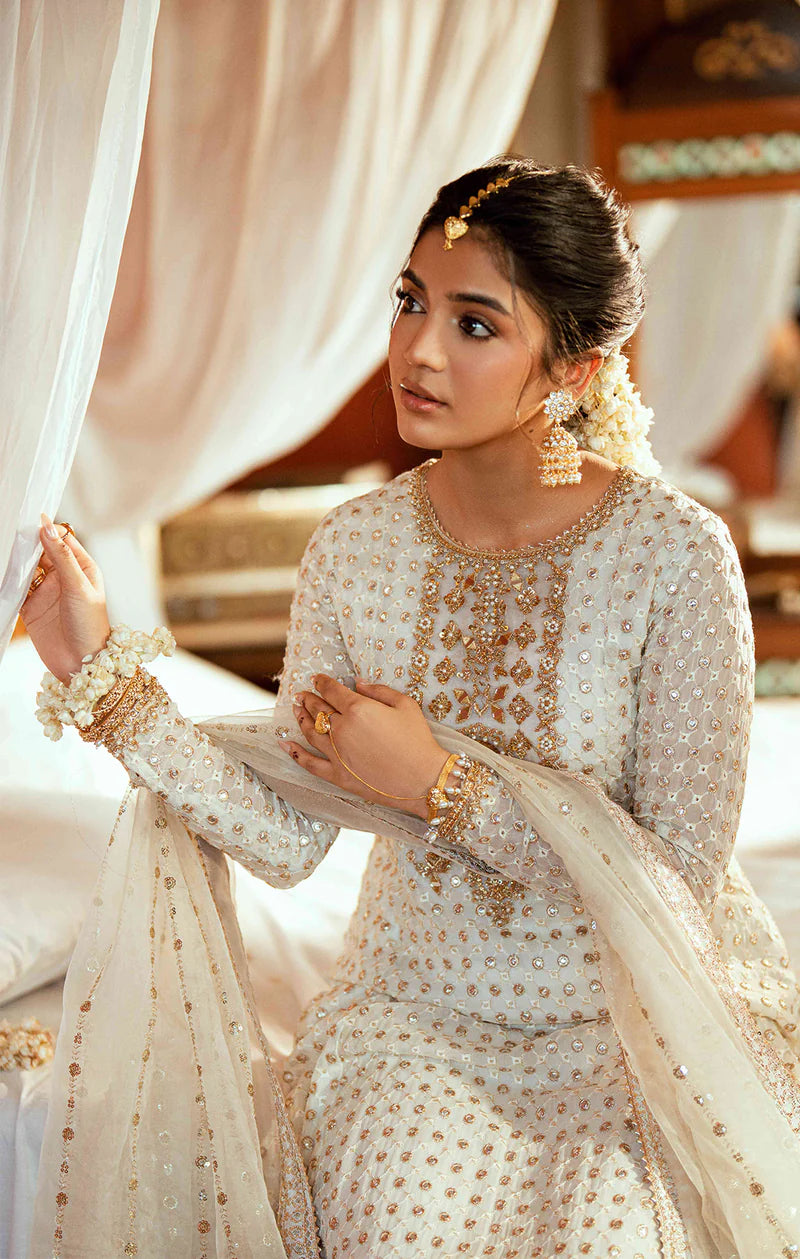 PAREESA ivory Pakistani outfit with chiffon shirt, dabka and mirror work, embellished silk culottes, and organza dupatta – formal wear by Pakistanimoda.com