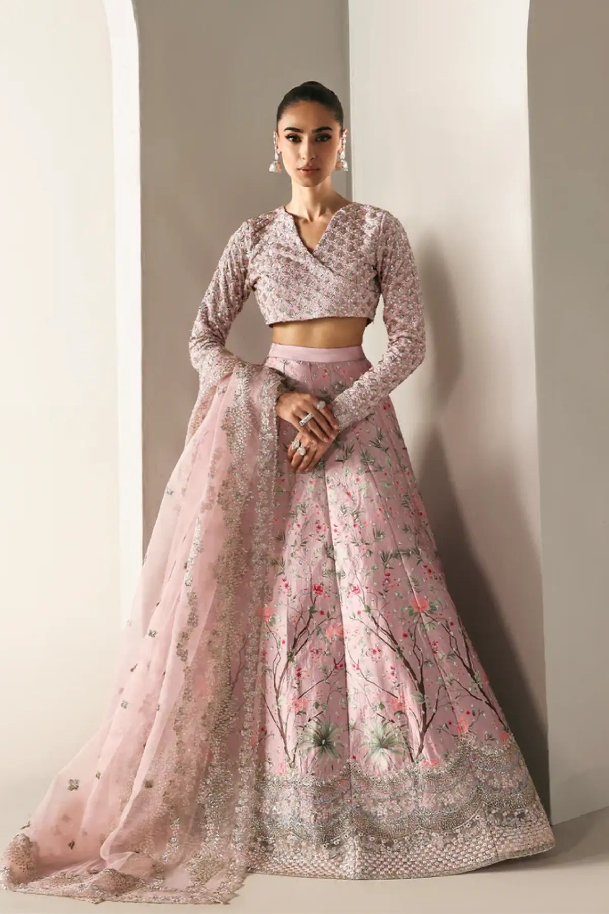 PETAL SOFT Emaan Adeel pink stitched lehenga choli for weddings 2025 with organza dupatta Pakistanimoda.