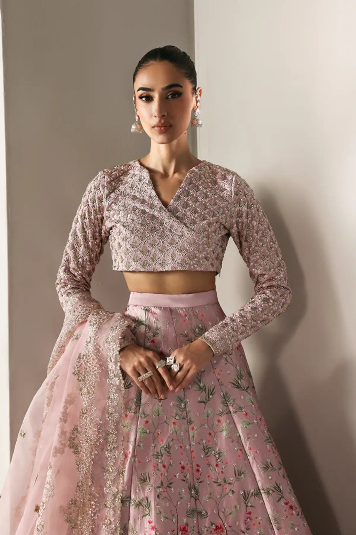 PETAL SOFT Emaan Adeel pink stitched lehenga choli for weddings 2025 with organza dupatta Pakistanimoda.