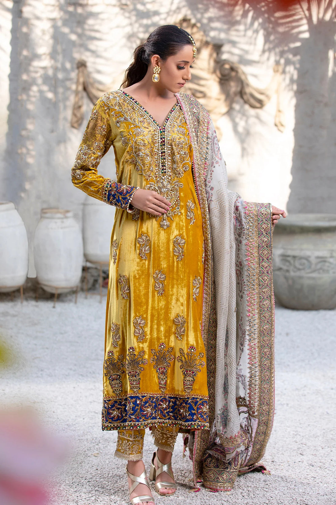 Caramel velvet shirt with block print and handwork, gota-detailed velvet pants, optional matching organza dupatta – ethnic festive outfit 2025.