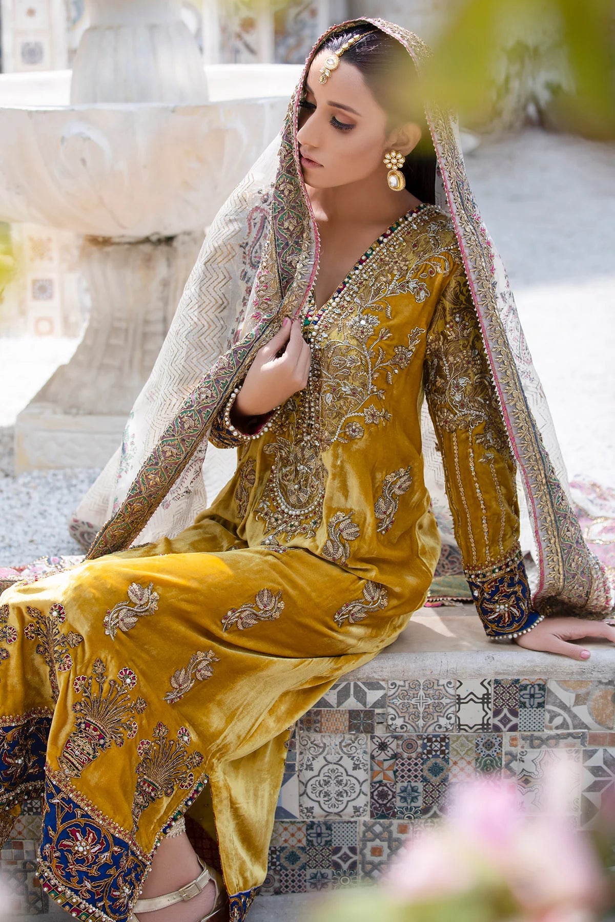 Caramel velvet shirt with block print and handwork, gota-detailed velvet pants, optional matching organza dupatta – ethnic festive outfit 2025.