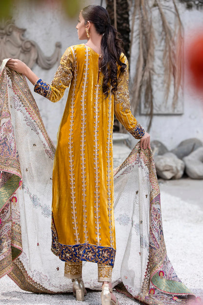 Caramel velvet shirt with block print and handwork, gota-detailed velvet pants, optional matching organza dupatta – ethnic festive outfit 2025.