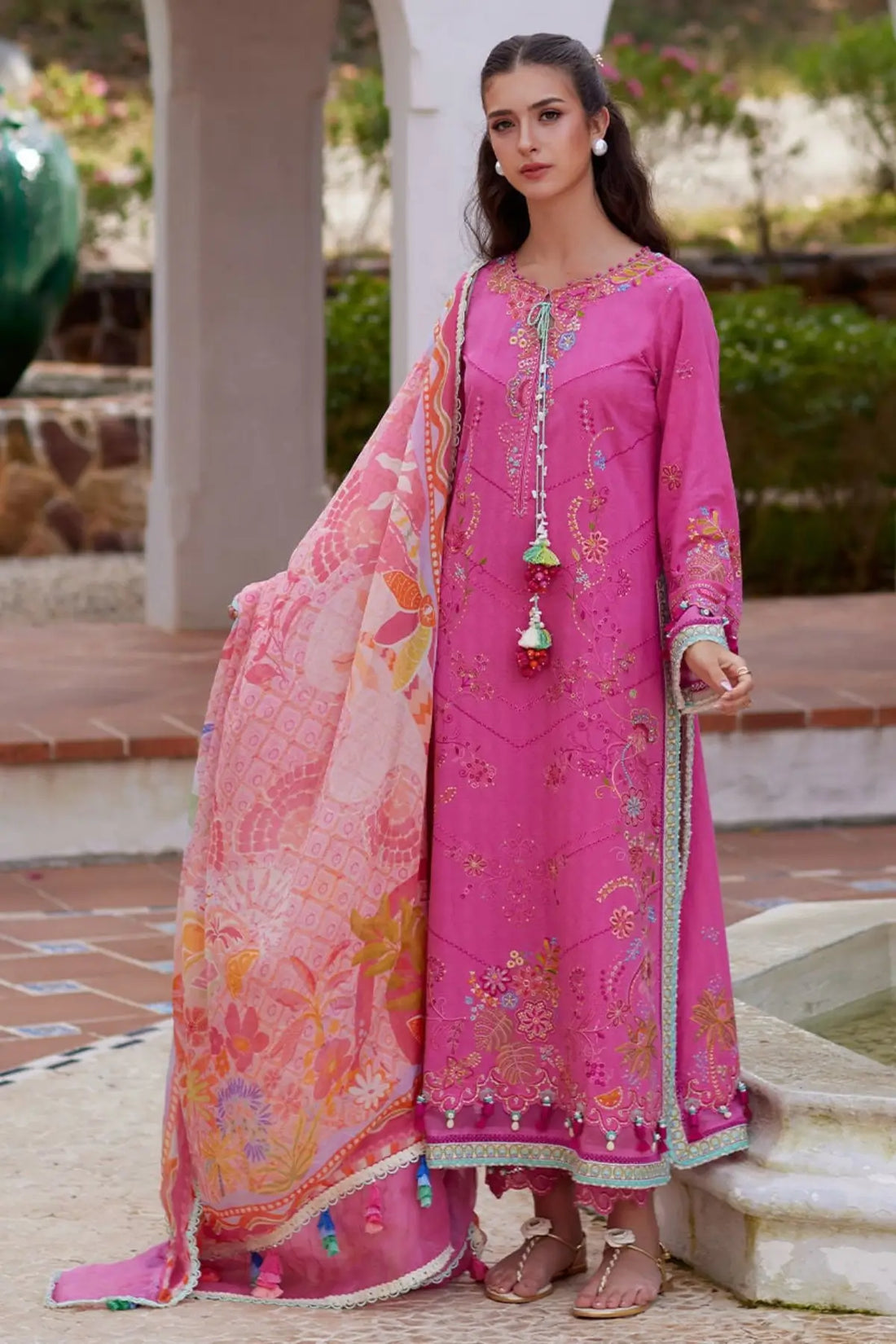 Farah Talib Aziz Palmira Pink stitched lawn suit with printed dupatta