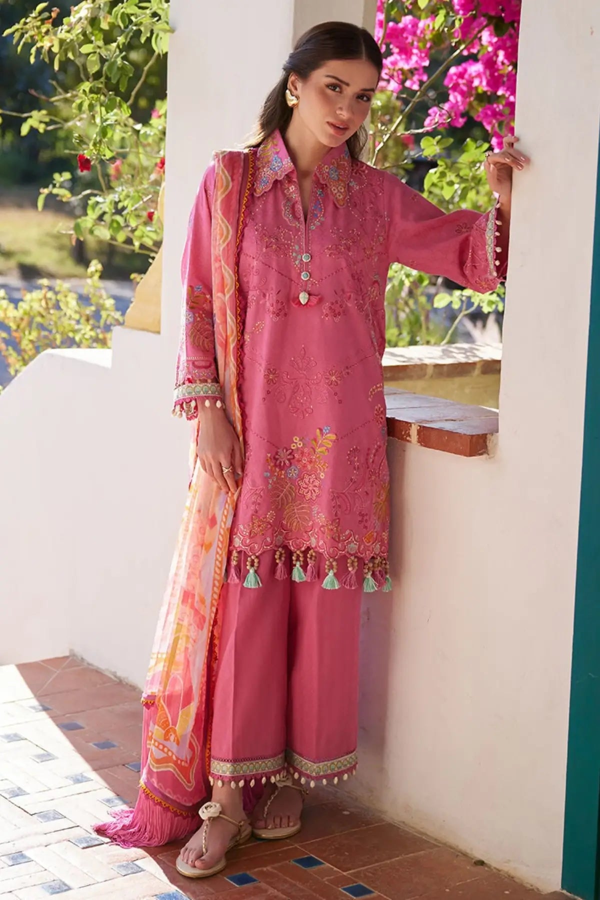 Farah Talib Aziz Palmira Pink stitched lawn suit with printed dupatta