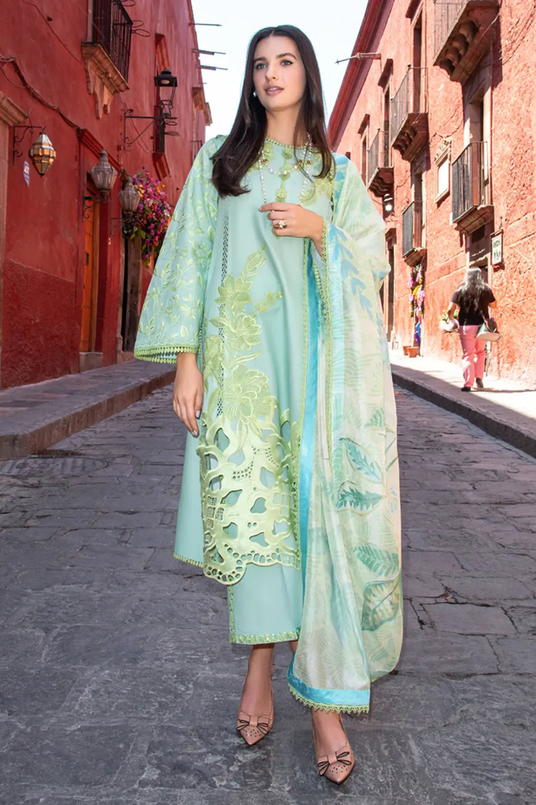 Paloma mint green stitched lawn 3PC suit by Mushq with chikankari embroidery and silk dupatta