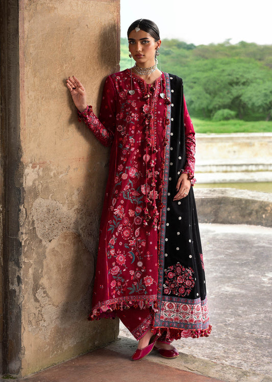 Pankhuri Dark Pink Karandi Suit with Black Embroidered Shawl by Hussain Rehar | pakistanimoda.com