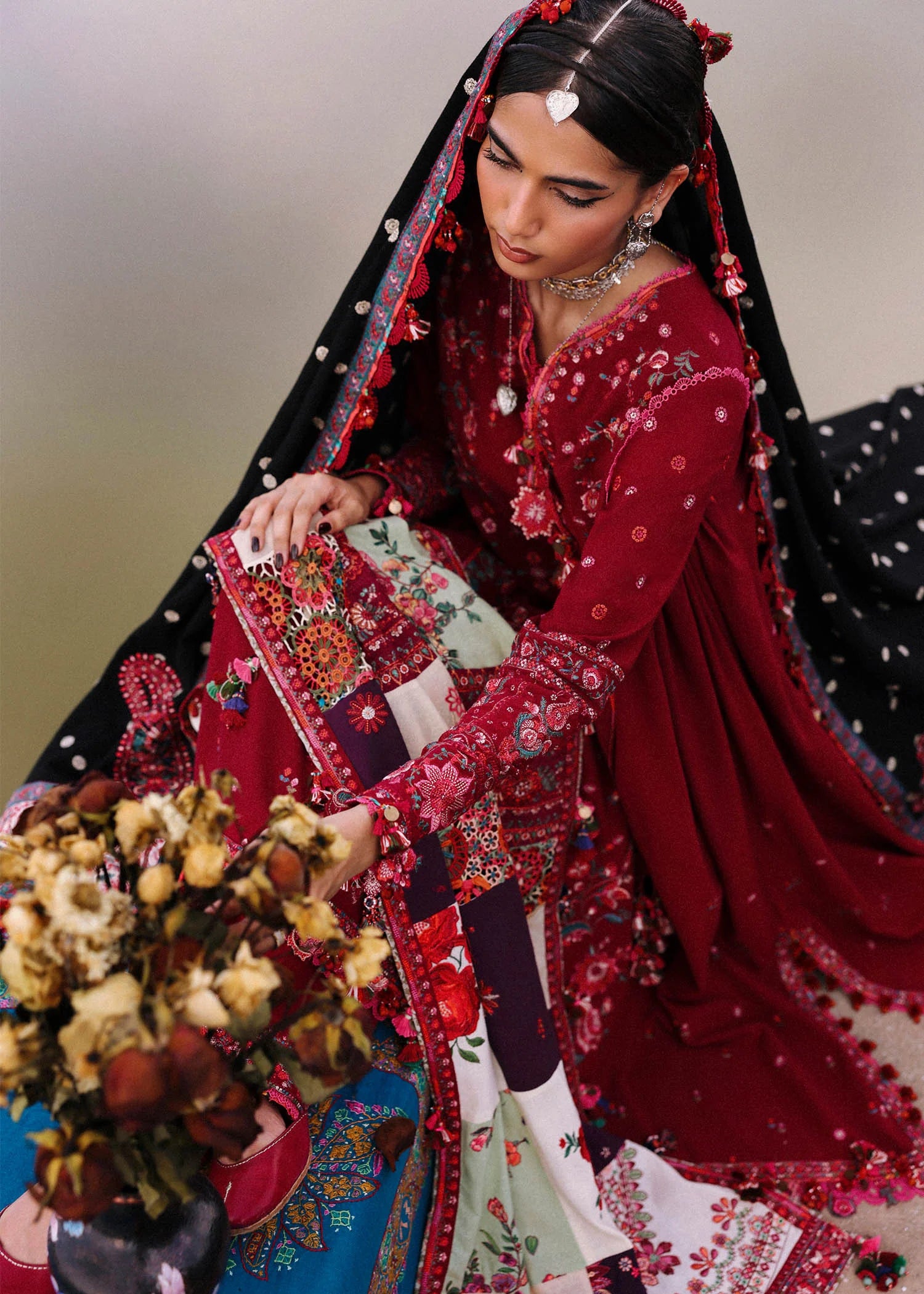 Pankhuri Dark Pink Karandi Suit with Black Embroidered Shawl by Hussain Rehar | pakistanimoda.com