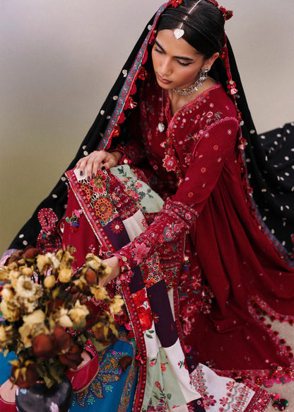 Pankhuri Dark Pink Karandi Suit with Black Embroidered Shawl by Hussain Rehar | pakistanimoda.com