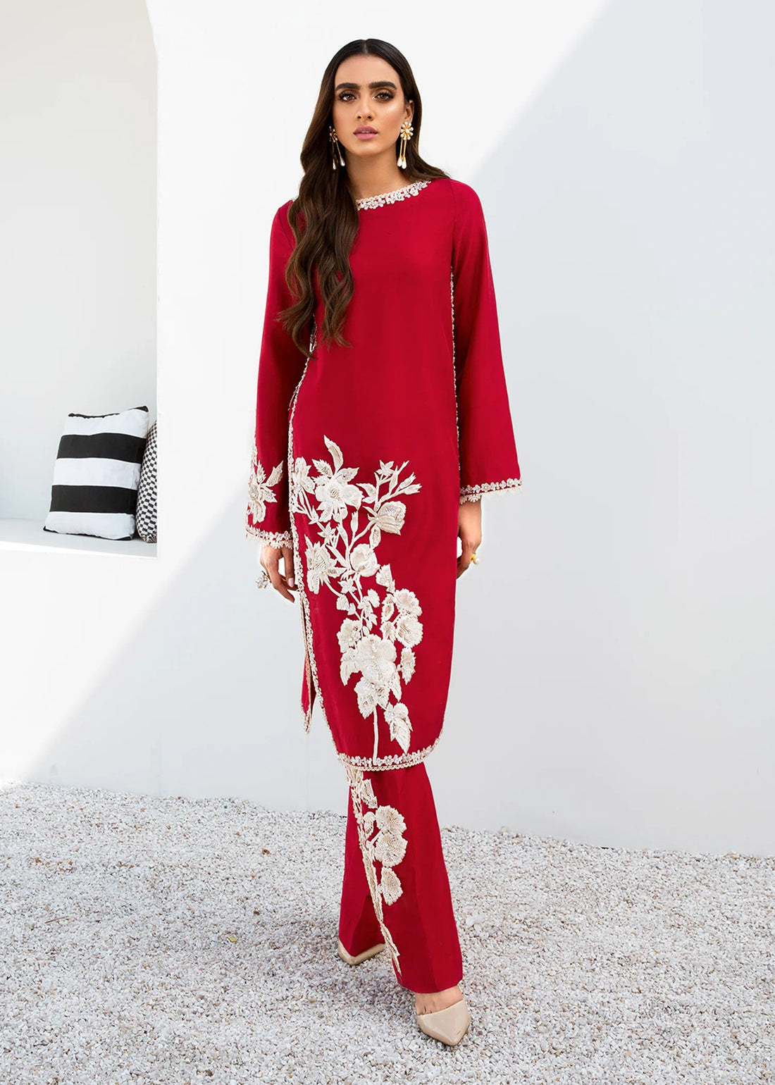 Red embroidered silk shirt and trousers with lace – formal wear set.