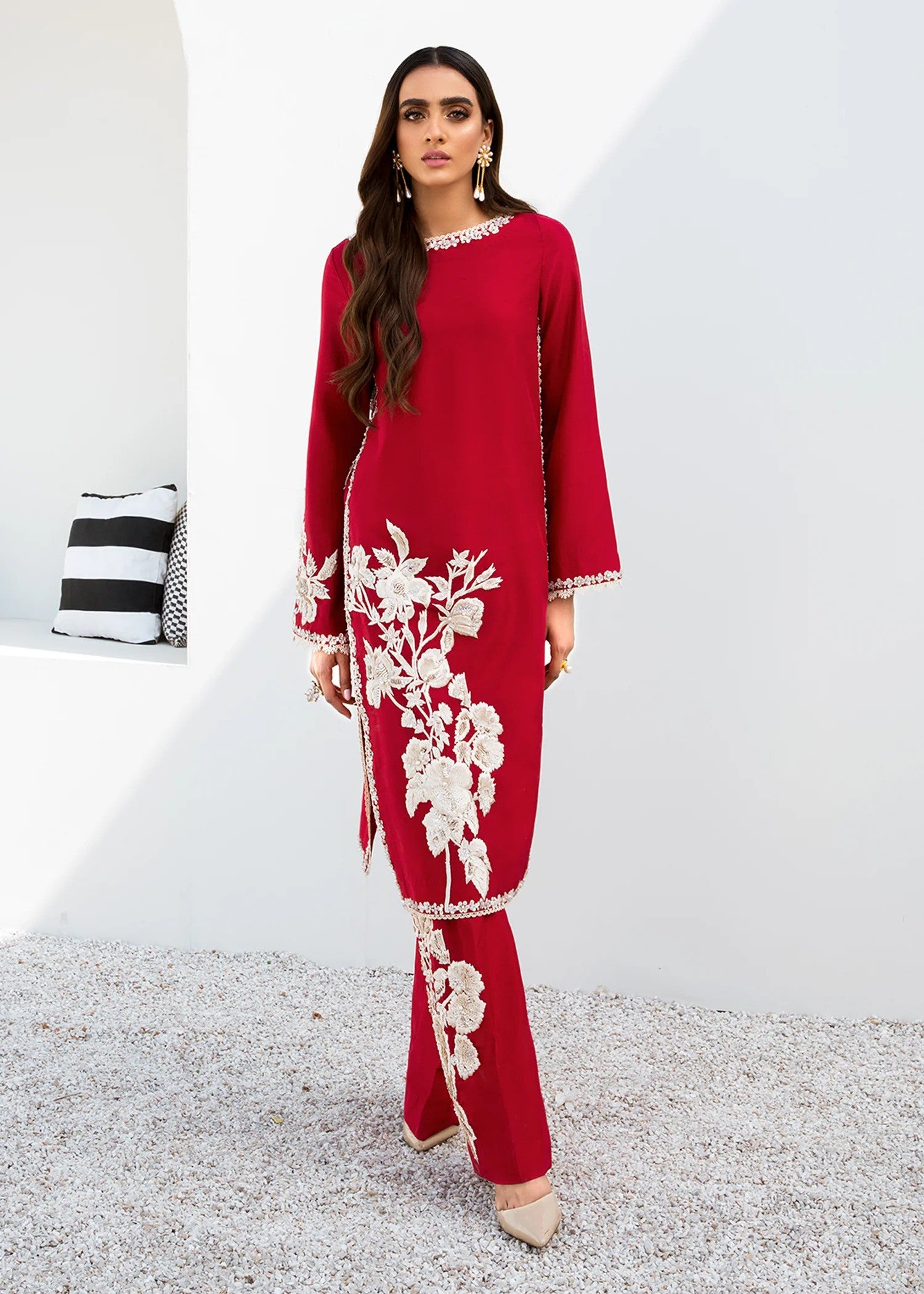 Red embroidered silk shirt and trousers with lace – formal wear set.