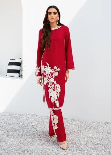 Red embroidered silk shirt and trousers with lace – formal wear set.
