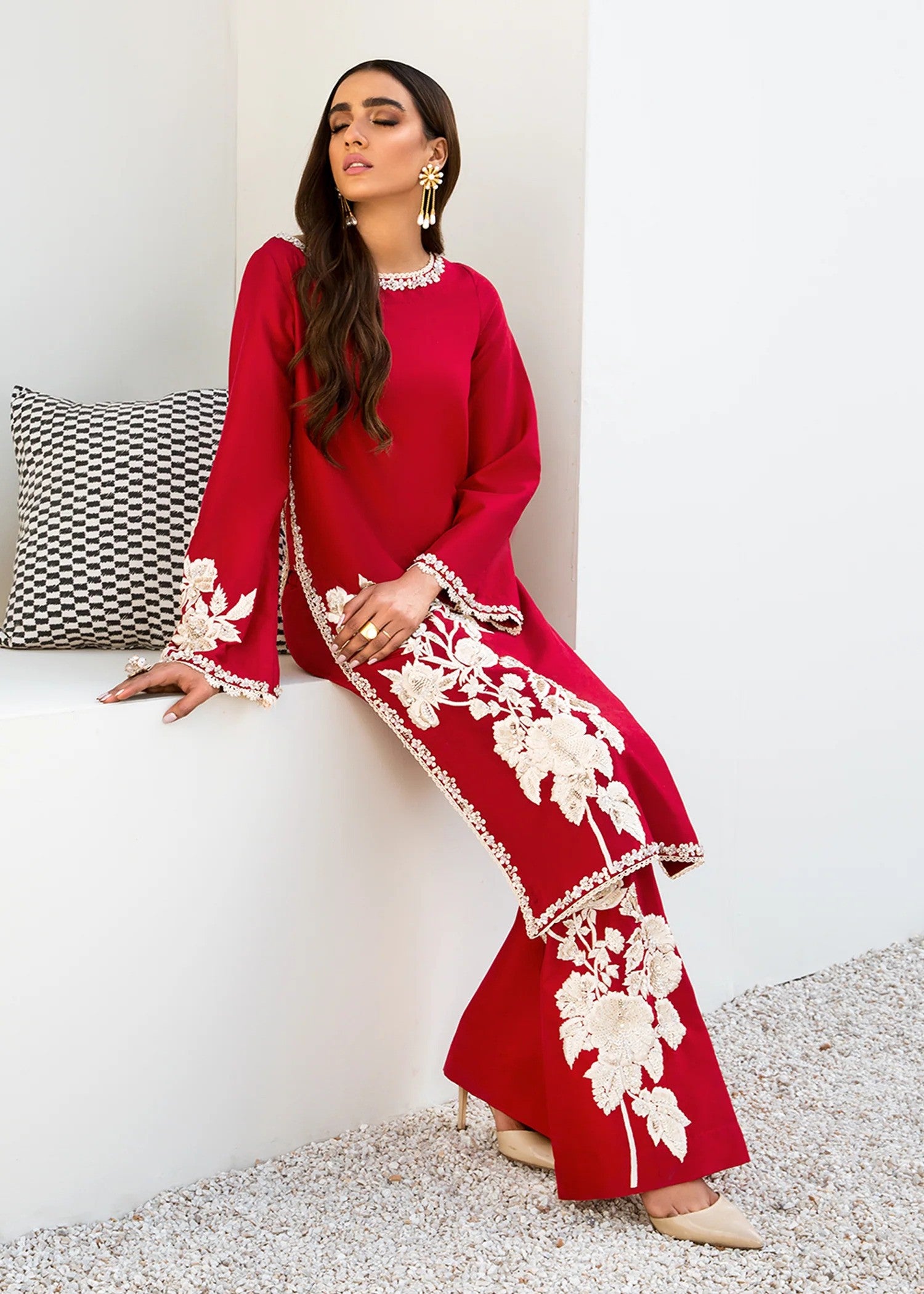 Red embroidered silk shirt and trousers with lace – formal wear set.
