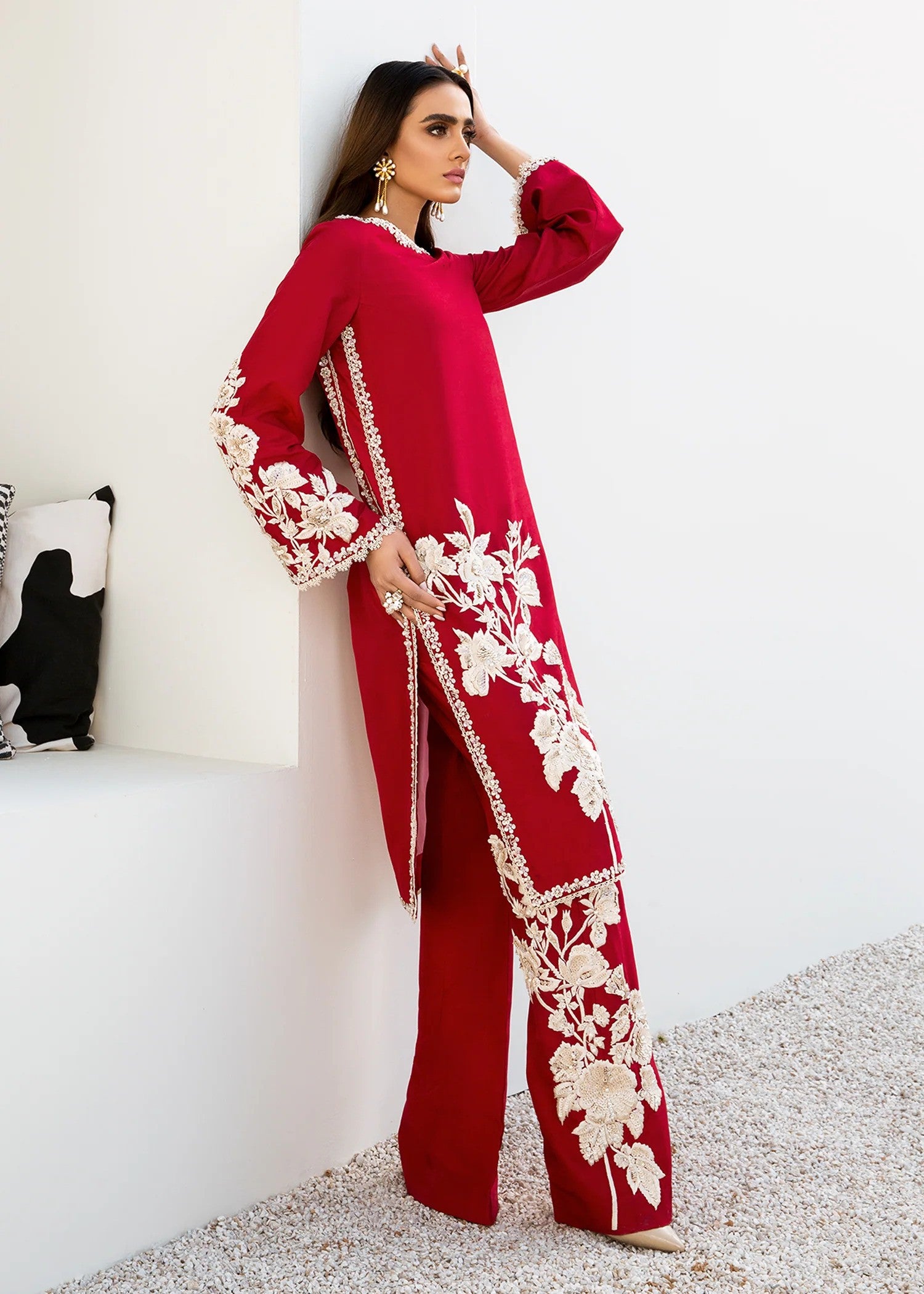 Red embroidered silk shirt and trousers with lace – formal wear set.
