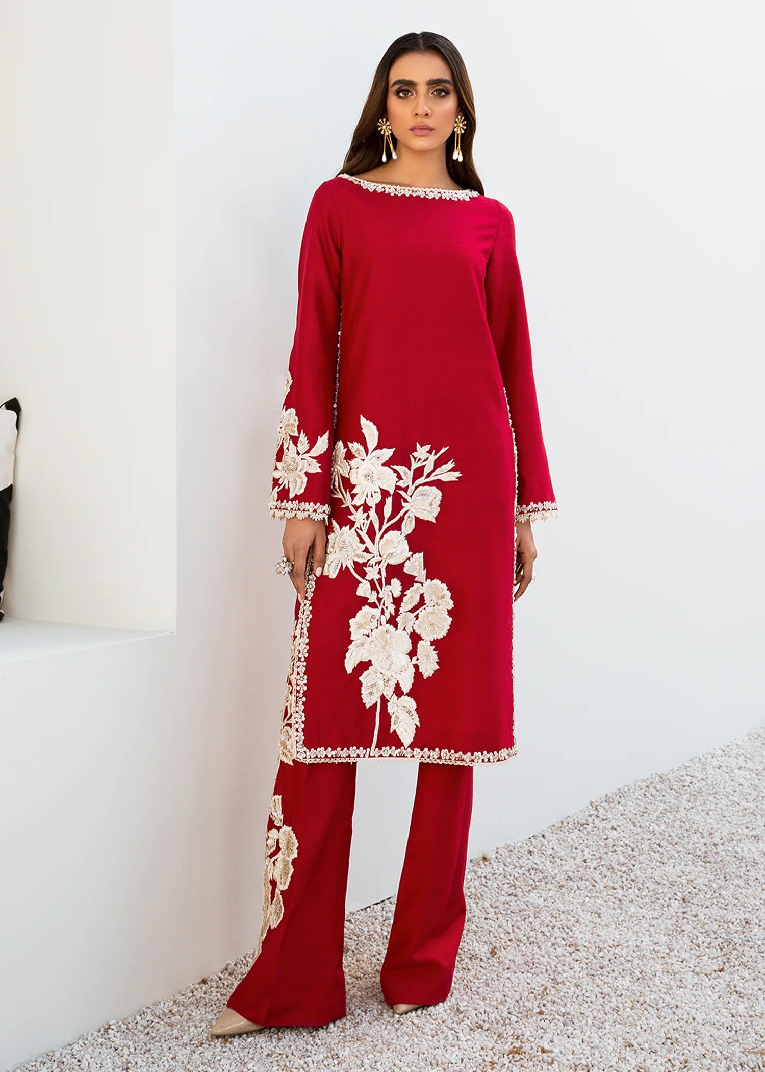 Red embroidered silk shirt and trousers with lace – formal wear set.