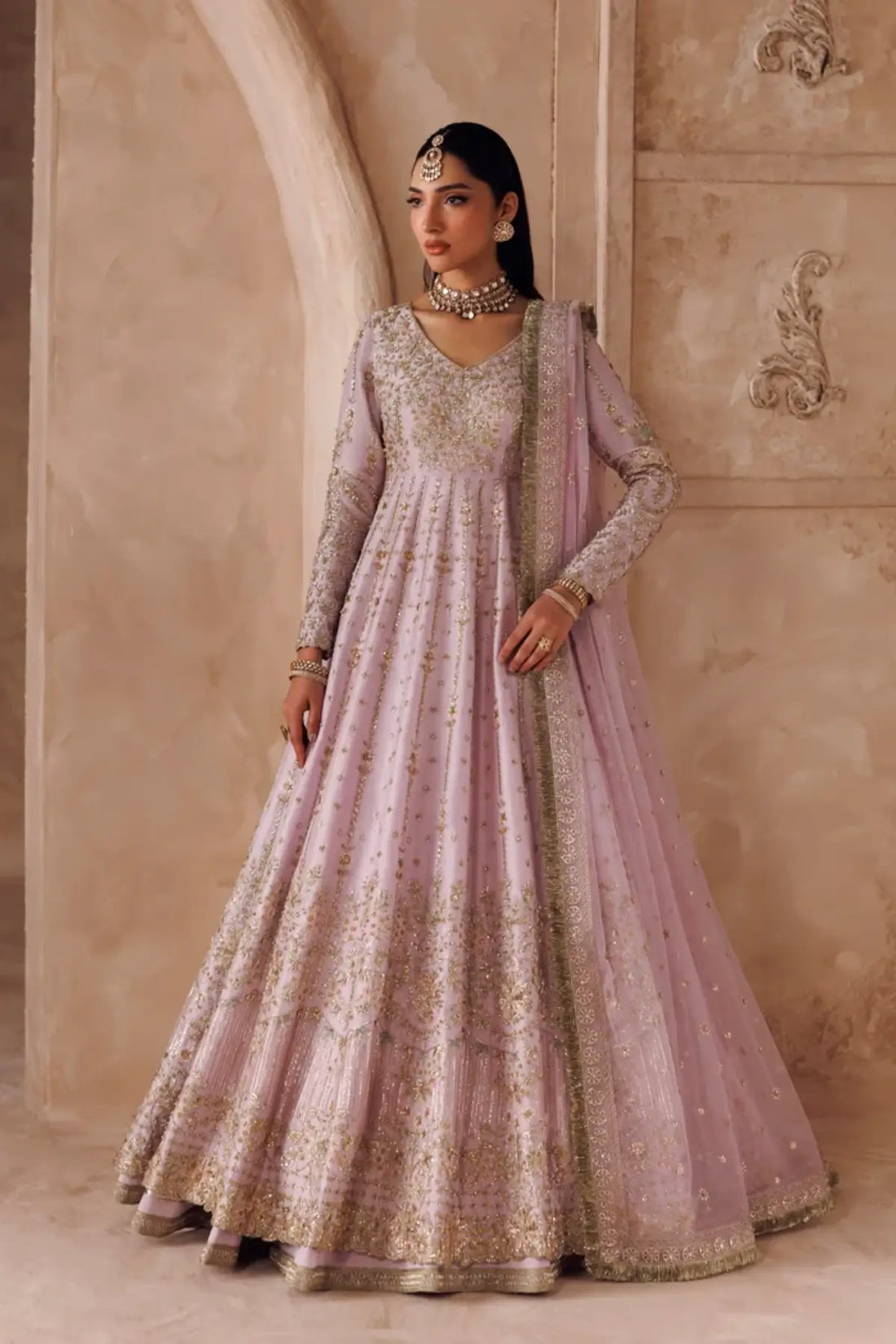 Parei lilac handworked silk Pakistani bridal stitched lehenga with embroidered net dupatta from Riwayat Bridal Edit 26