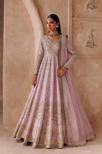 Parei lilac handworked silk Pakistani bridal stitched lehenga with embroidered net dupatta from Riwayat Bridal Edit 26