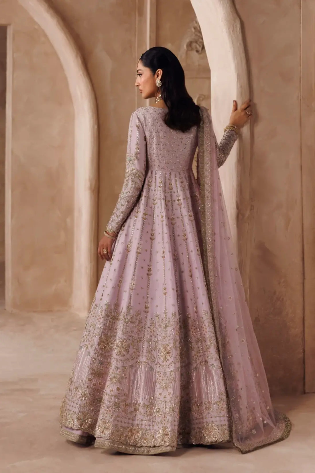 Parei lilac handworked silk Pakistani bridal stitched lehenga with embroidered net dupatta from Riwayat Bridal Edit 26