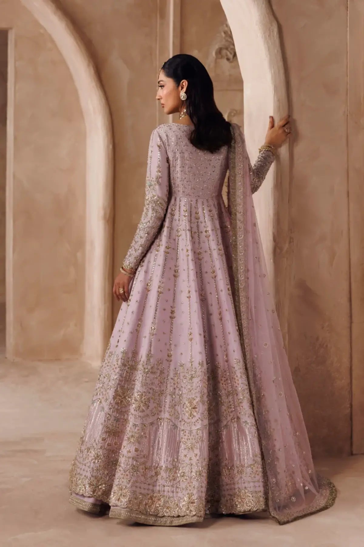 Parei lilac handworked silk Pakistani bridal stitched lehenga with embroidered net dupatta from Riwayat Bridal Edit 26