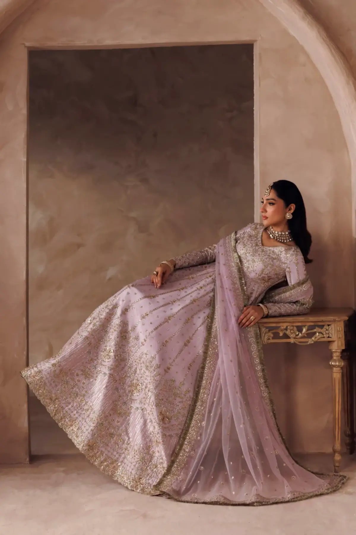 Parei lilac handworked silk Pakistani bridal stitched lehenga with embroidered net dupatta from Riwayat Bridal Edit 26