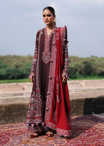 Pari Brown Karandi Suit with Red Embroidered Shawl by Hussain Rehar | pakistanimoda.com