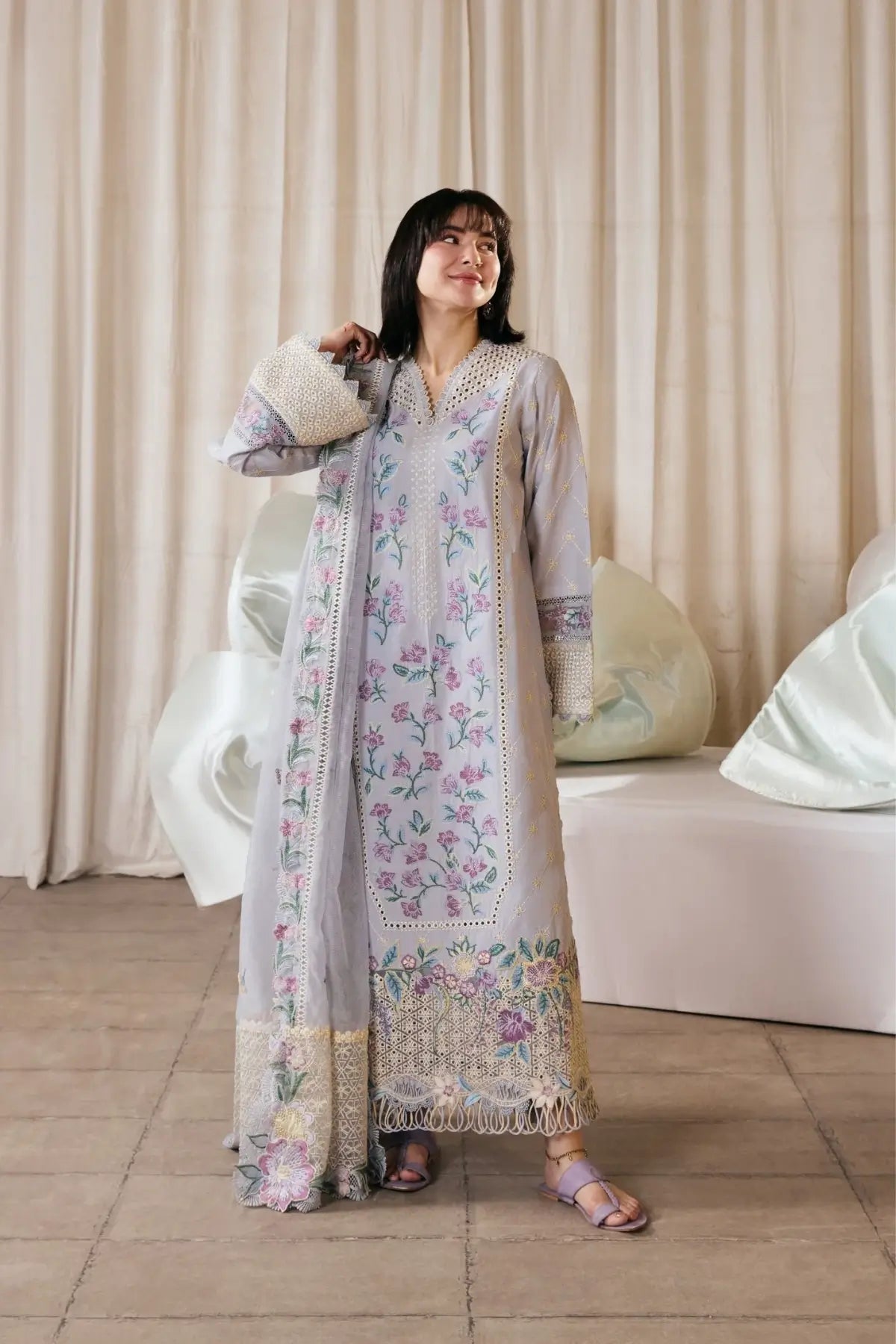 Pari Maryam Hussain Lilac Embroidered Lawn Stitched 3PC Suit with Cotton Net Dupatta