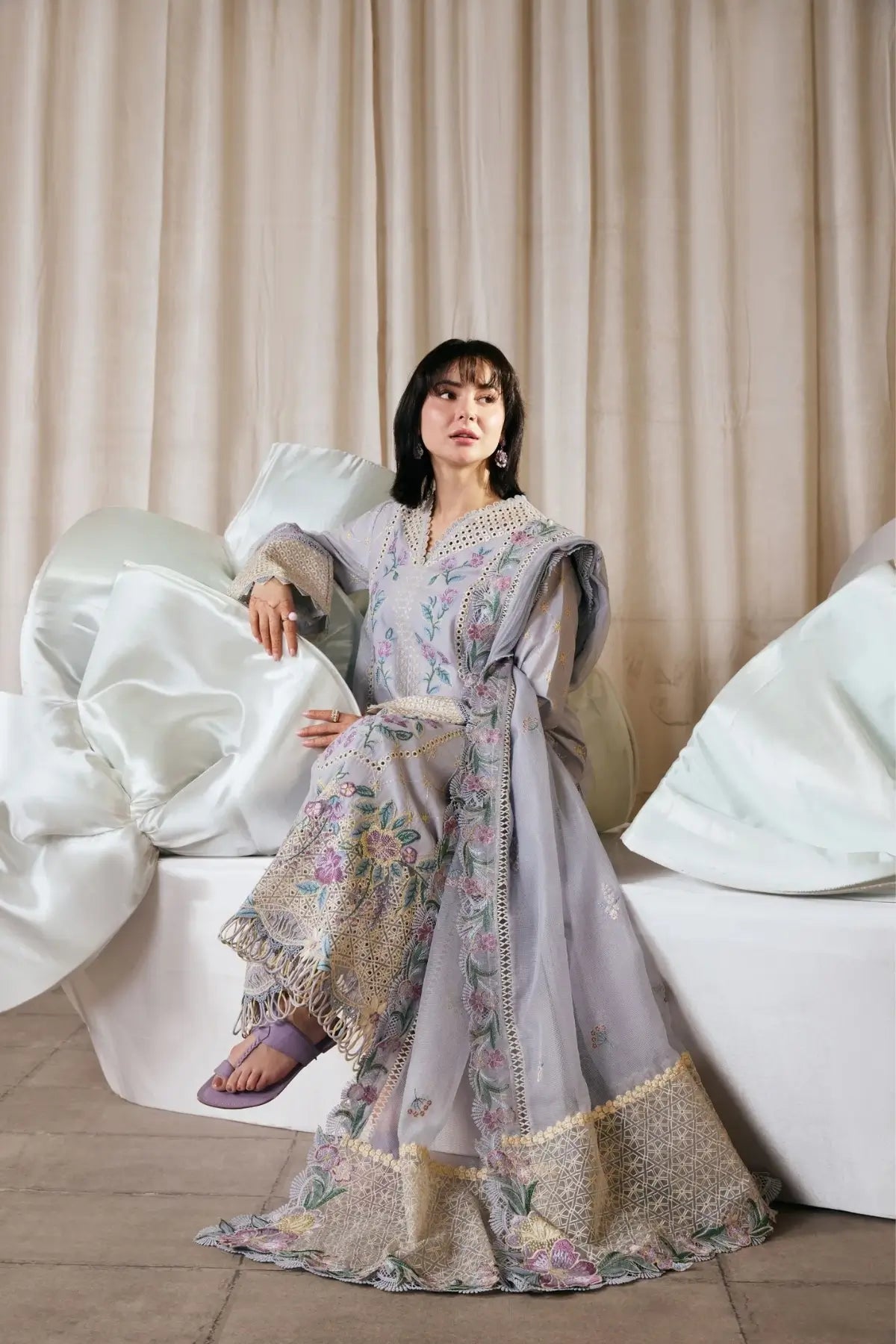 Pari Maryam Hussain Lilac Embroidered Lawn Stitched 3PC Suit with Cotton Net Dupatta
