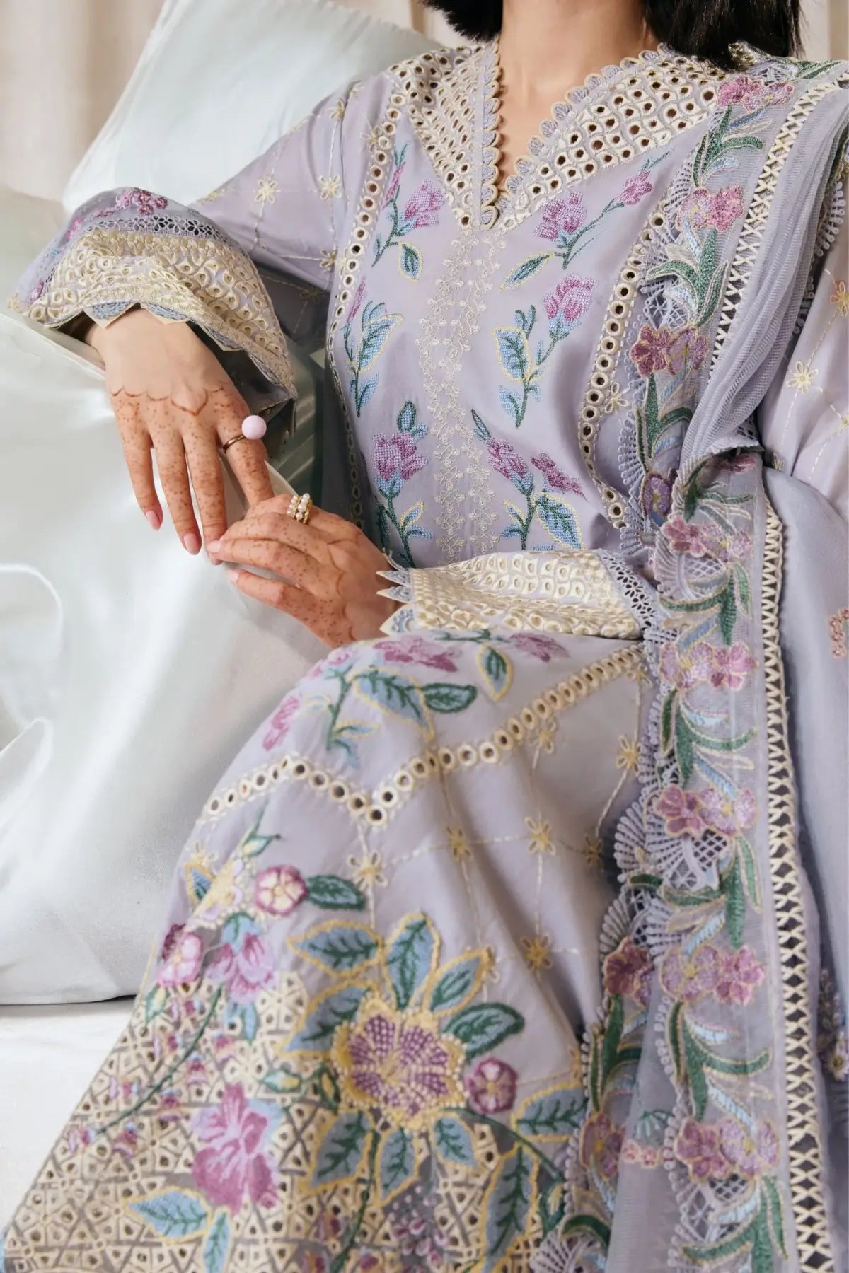 Pari Maryam Hussain Lilac Embroidered Lawn Stitched 3PC Suit with Cotton Net Dupatta