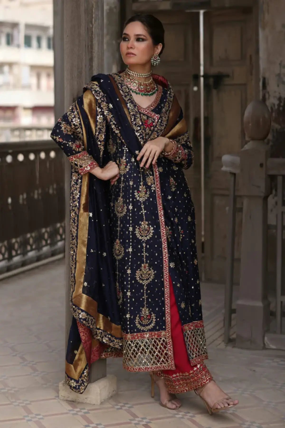 Pari Navy Blue Handmade Silk Net Walima Angrakha with Red and Gold Embellishments, Cotton Silk Pants, Silk Net Dupatta and Silk Shawl