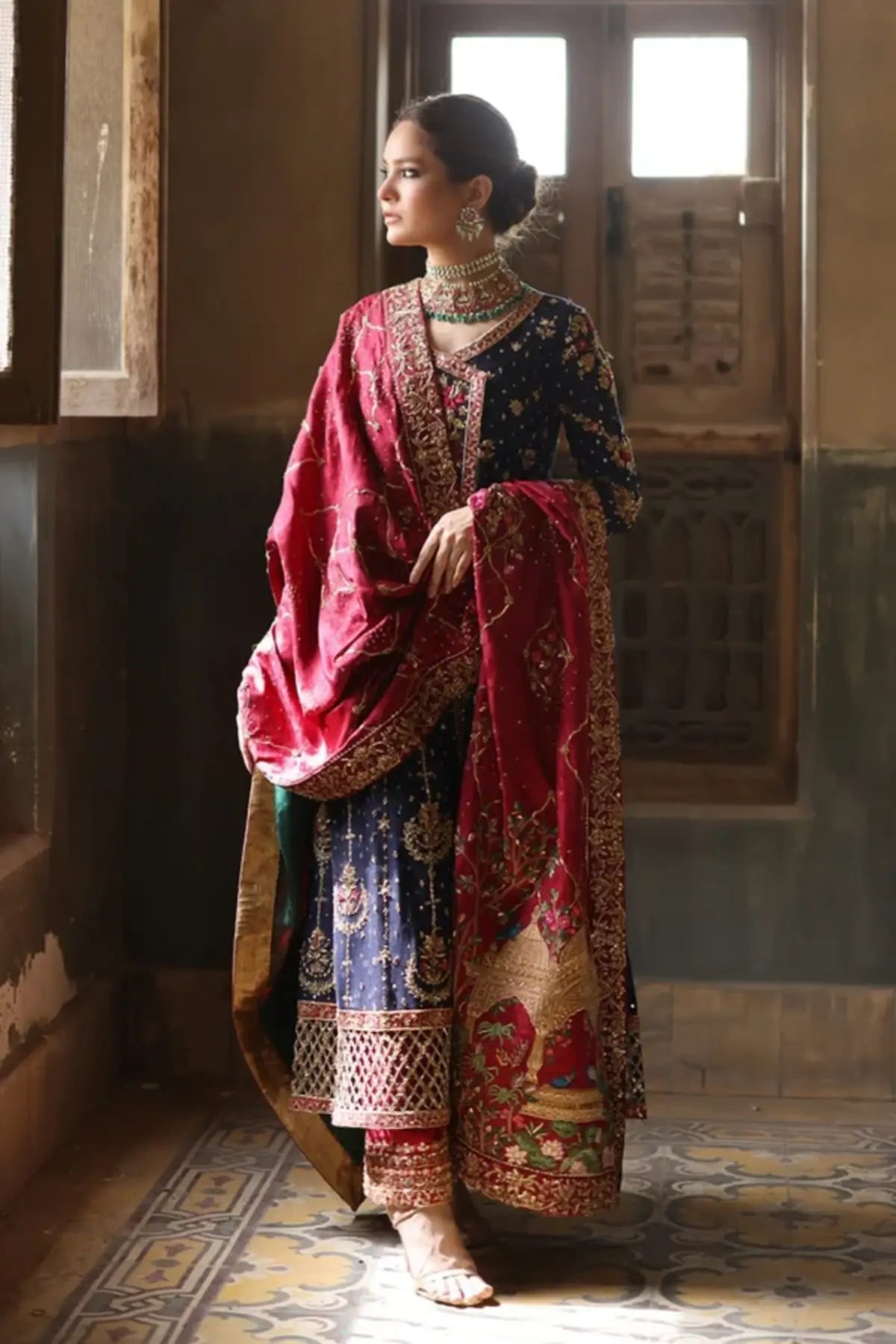 Pari Navy Blue Handmade Silk Net Walima Angrakha with Red and Gold Embellishments, Cotton Silk Pants, Silk Net Dupatta and Silk Shawl