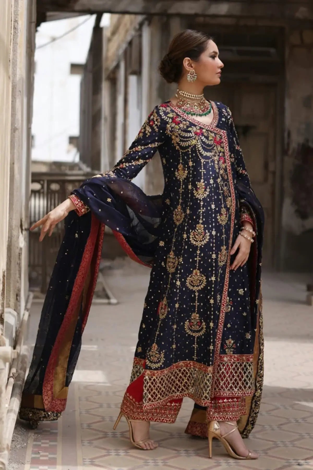 Pari Navy Blue Handmade Silk Net Walima Angrakha with Red and Gold Embellishments, Cotton Silk Pants, Silk Net Dupatta and Silk Shawl