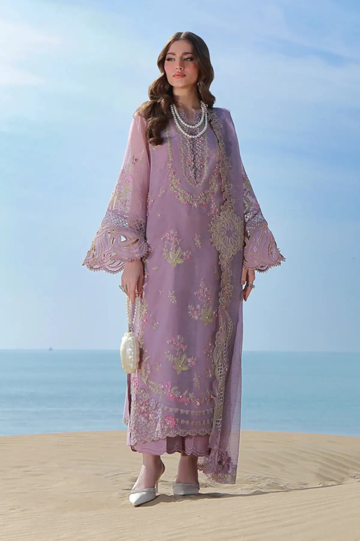 Parisa Rang Rasiya mystic lilac cotton net stitched 3PC suit with embroidered details and dupatta Summer 2026