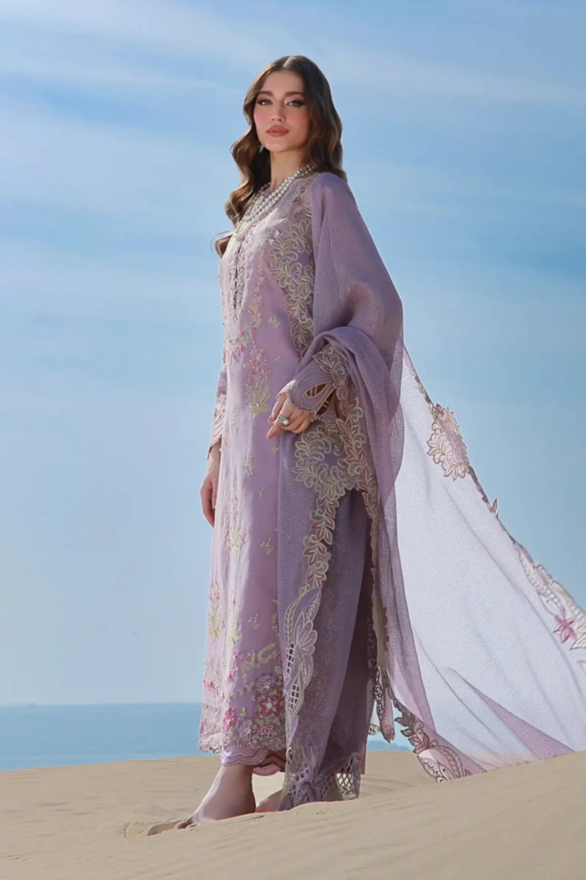 Parisa Rang Rasiya mystic lilac cotton net stitched 3PC suit with embroidered details and dupatta Summer 2026