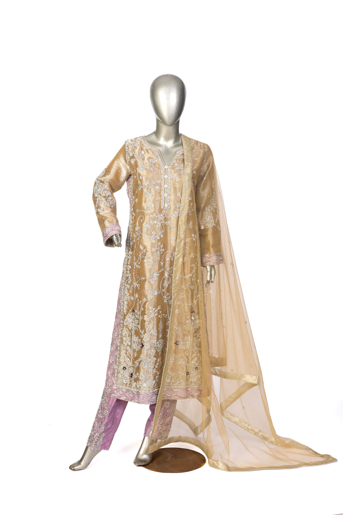 MariamRaj Gold Tissue Outfit with Net Dupatta – Pariza