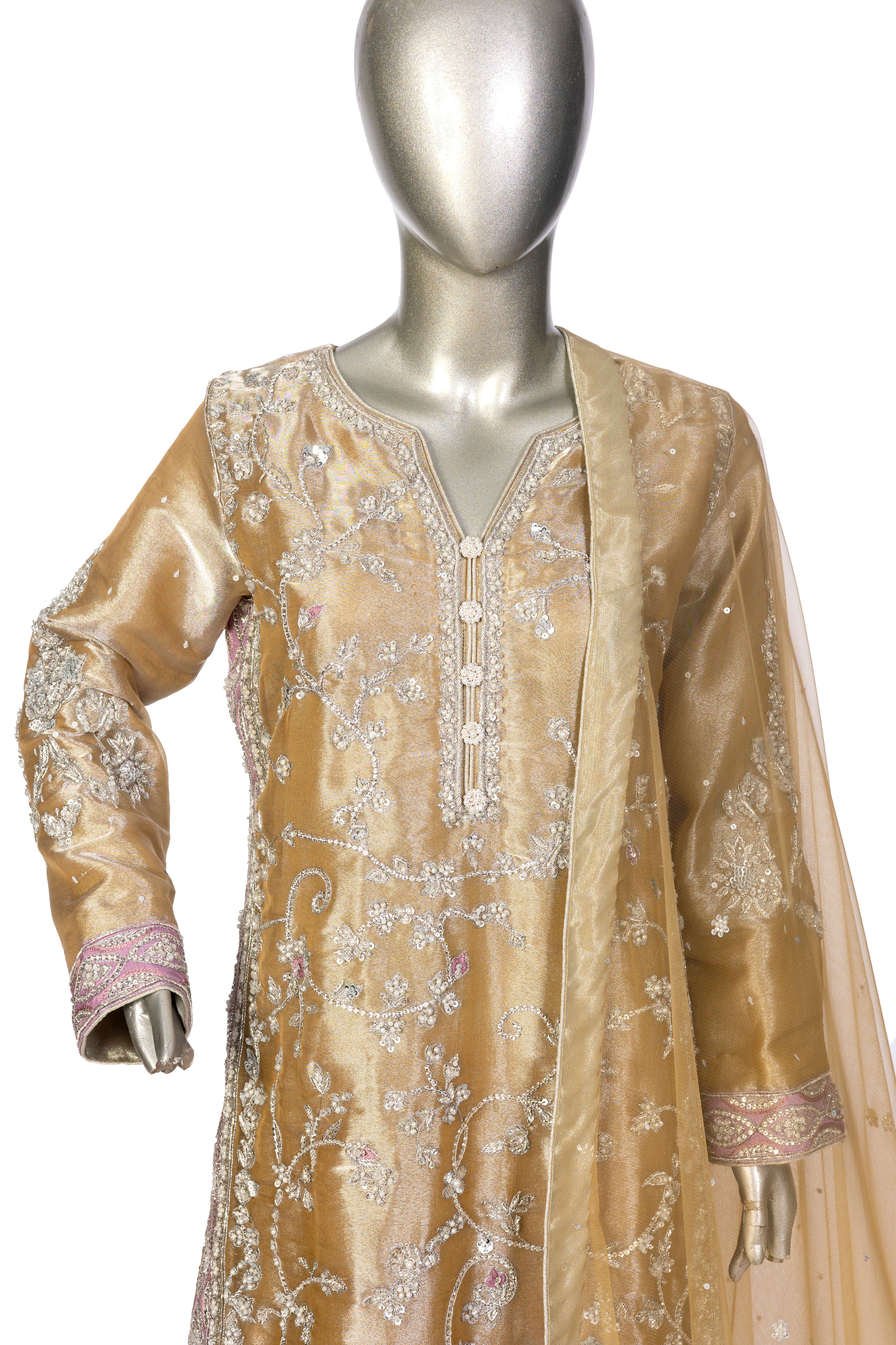 MariamRaj Gold Tissue Outfit with Net Dupatta – Pariza