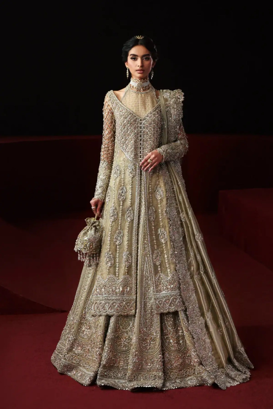 Pariza olive green embellished bridal outfit from Akbar Aslam Serena Bridal Edit '26 with front-open shirt and lehenga.