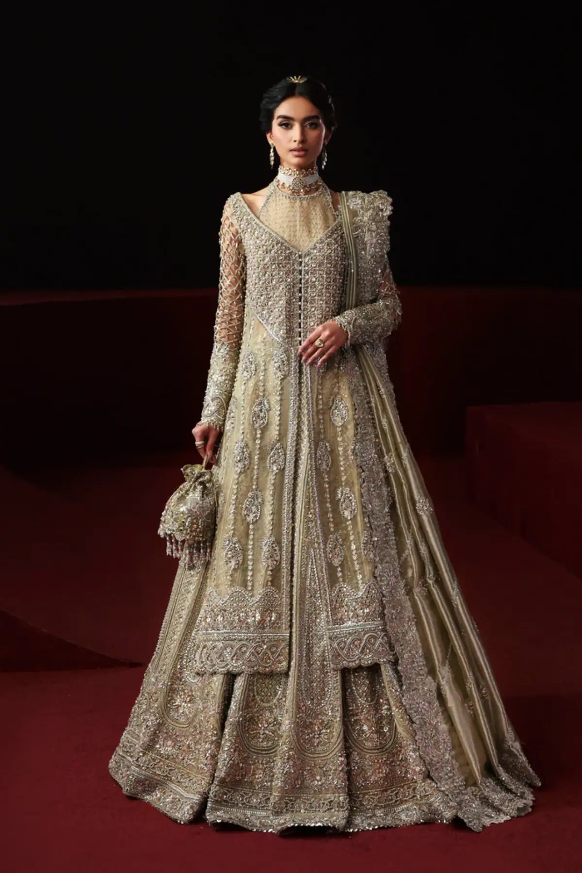 Pariza olive green embellished bridal outfit from Akbar Aslam Serena Bridal Edit '26 with front-open shirt and lehenga.