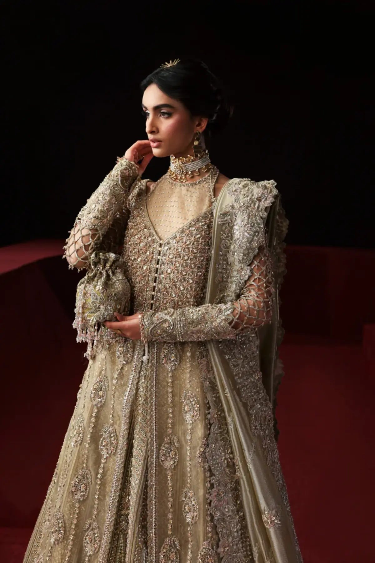 Pariza olive green embellished bridal outfit from Akbar Aslam Serena Bridal Edit '26 with front-open shirt and lehenga.