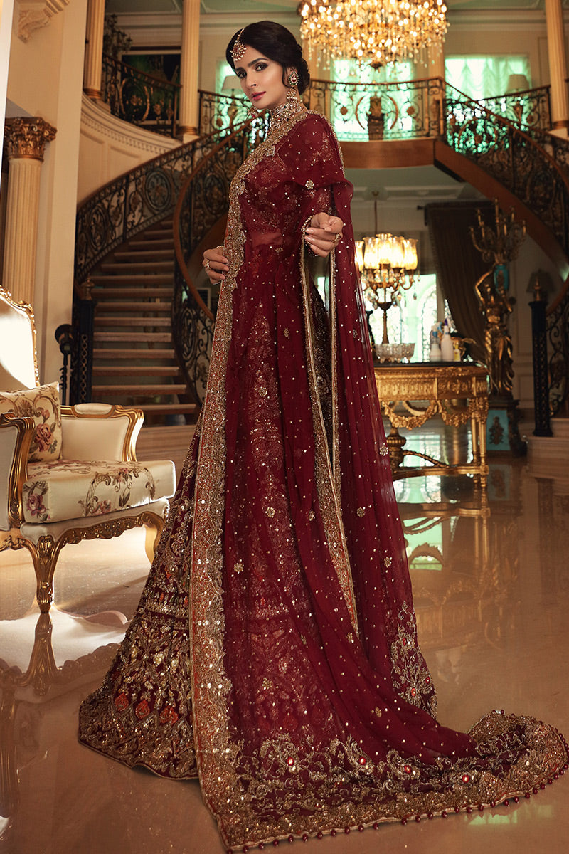 Parize- Pakistani Designer Maroon Bridal Lehenga Perfect for Baraat