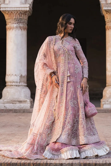Paro Vasl 26 pink embellished organza Pakistani wedding stitched lehenga suit with handwork, crushed chiffon lehenga and net dupatta