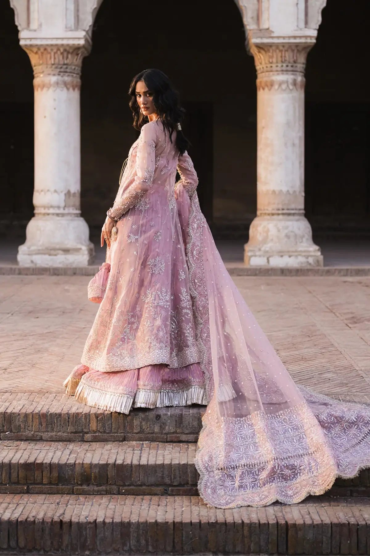 Paro Vasl 26 pink embellished organza Pakistani wedding stitched lehenga suit with handwork, crushed chiffon lehenga and net dupatta