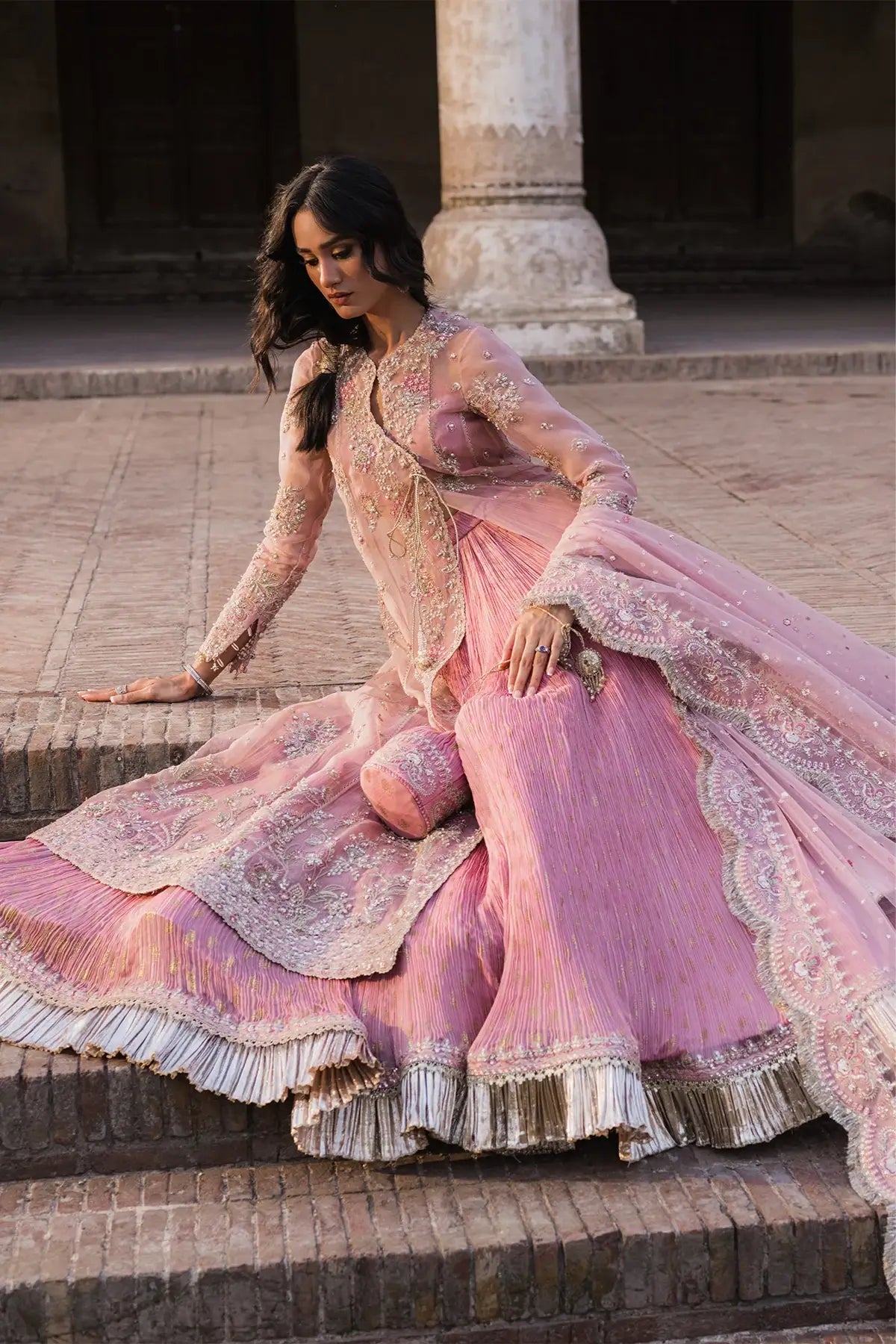 Paro Vasl 26 pink embellished organza Pakistani wedding stitched lehenga suit with handwork, crushed chiffon lehenga and net dupatta