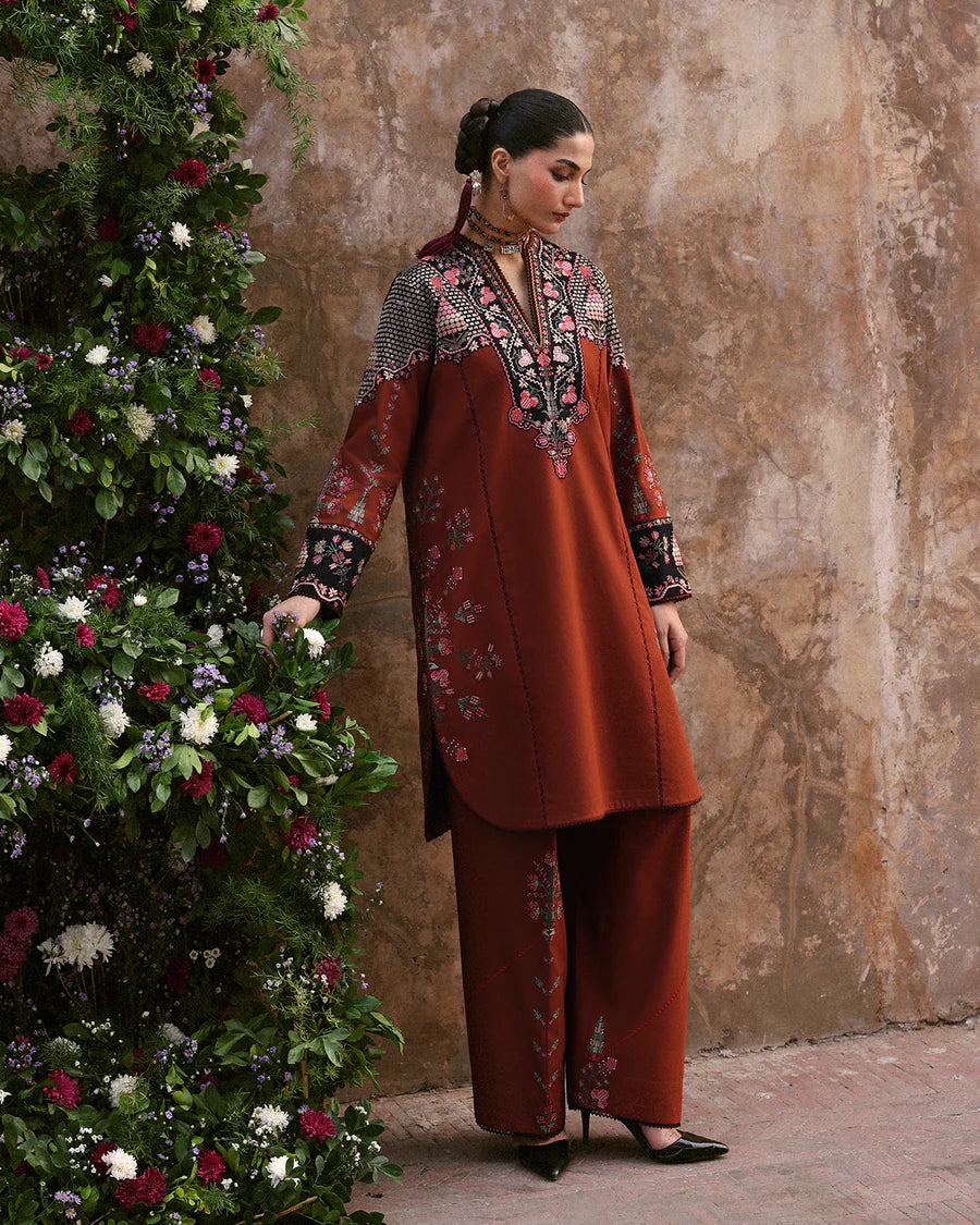Stitched Jugnu Lahore Parsa Rust & Black Khaddar 3pc with multicolor embroidery and wool shawl, available for USA delivery at Pakistanimoda.