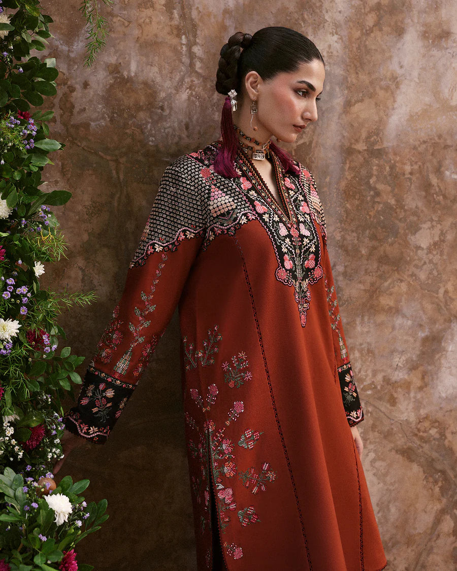 Stitched Jugnu Lahore Parsa Rust & Black Khaddar 3pc with multicolor embroidery and wool shawl, available for USA delivery at Pakistanimoda.