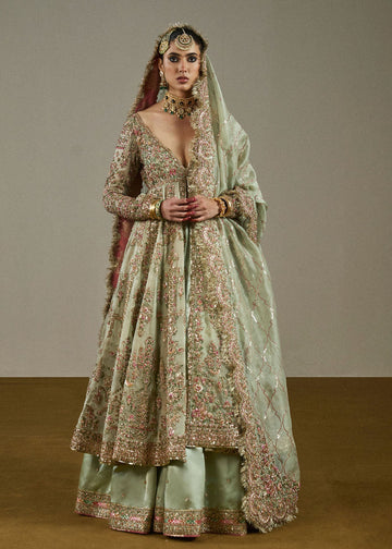 Parwan-Tea Green Pure Organza Pishwas with Satin Silk Lehenga