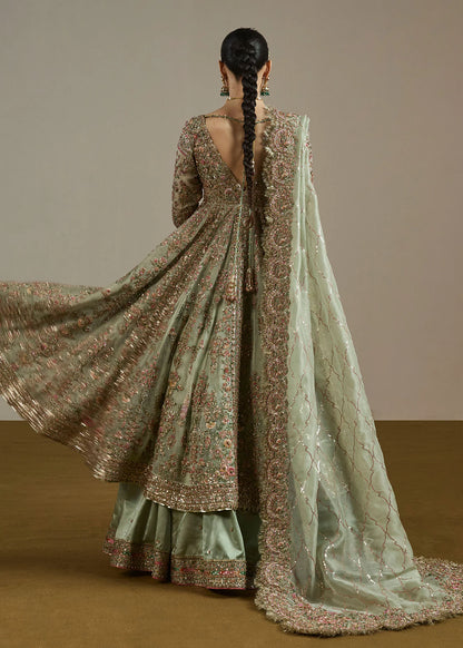 Parwan-Tea Green Pure Organza Pishwas with Satin Silk Lehenga