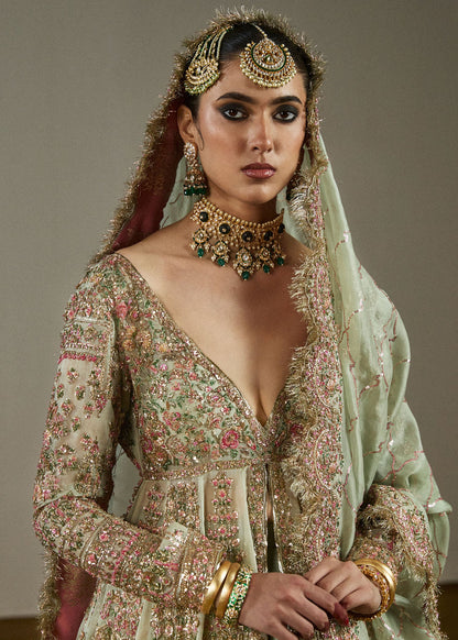 Parwan-Tea Green Pure Organza Pishwas with Satin Silk Lehenga