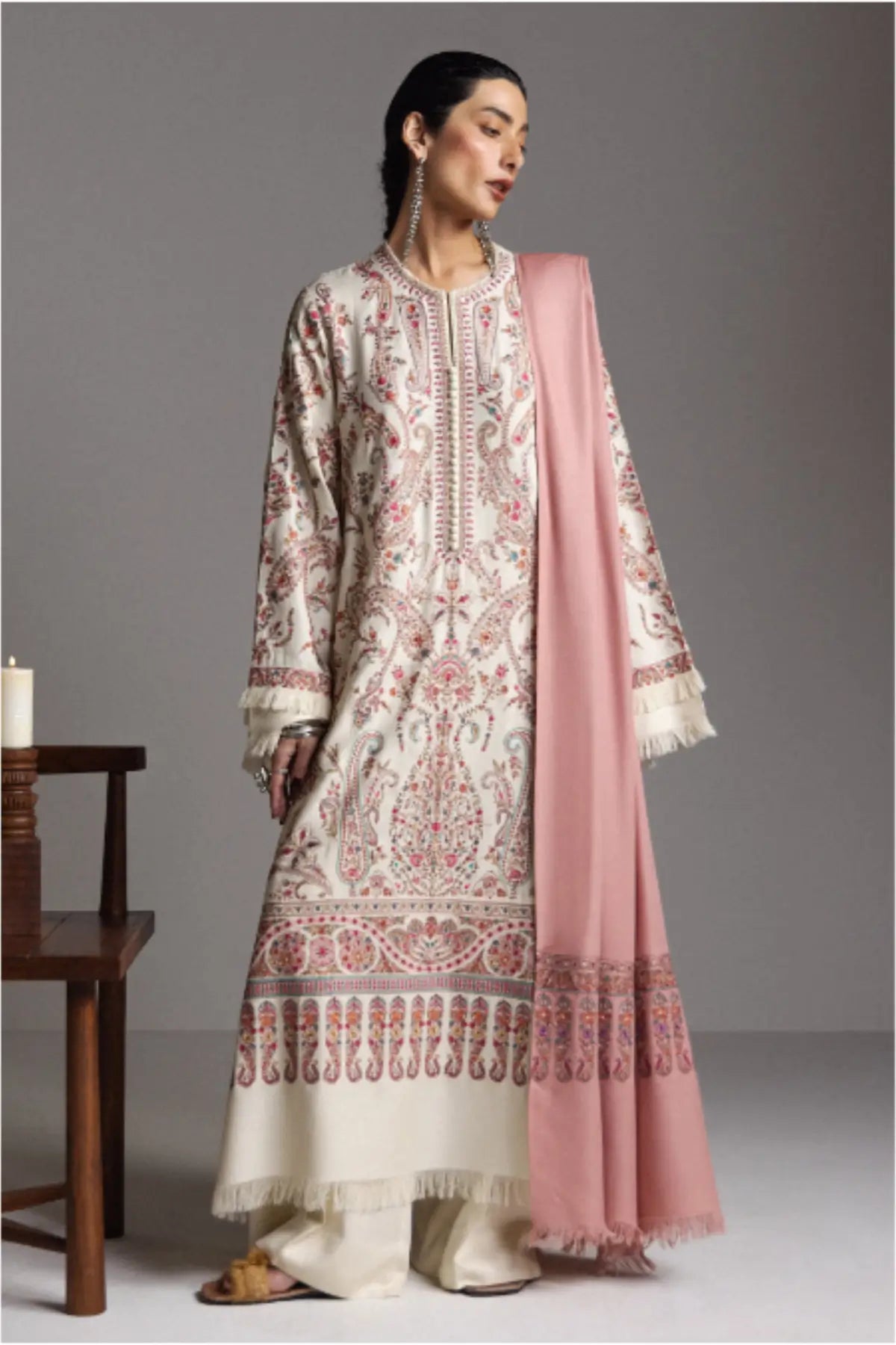 Zara Shahjahan Pashm D4 ivory embroidered marina stitched winter suit with tea pink shawl from Saraab Winter 2026