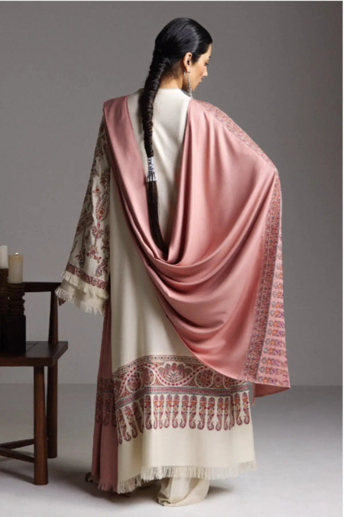 Zara Shahjahan Pashm D4 ivory embroidered marina stitched winter suit with tea pink shawl from Saraab Winter 2026